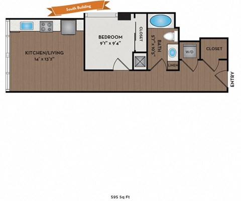 Floor plan for 1 bed, 1 bath, 889 sqft